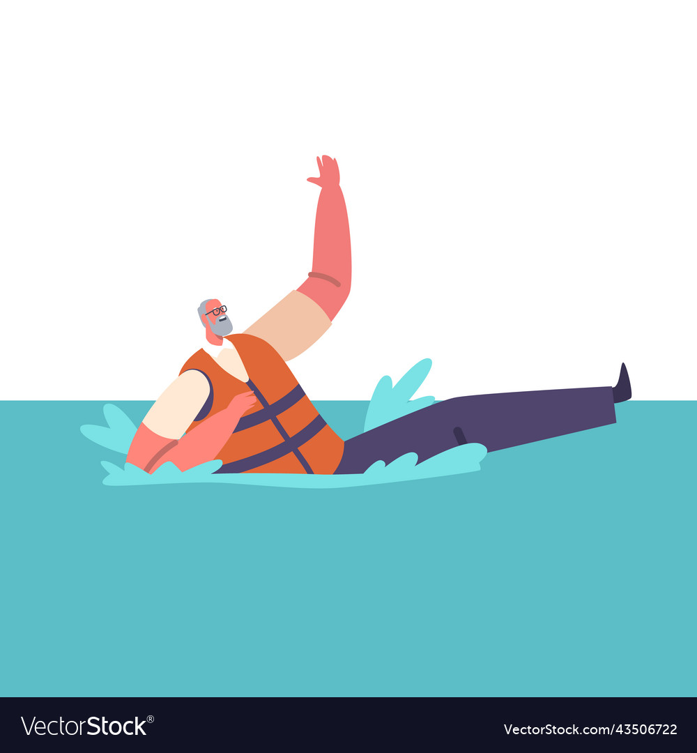 Old male character wear life vest sinking in sea