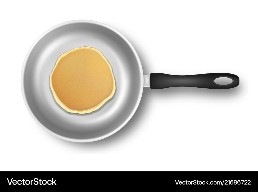 Realistic pancake in frying pan closeup Royalty Free Vector