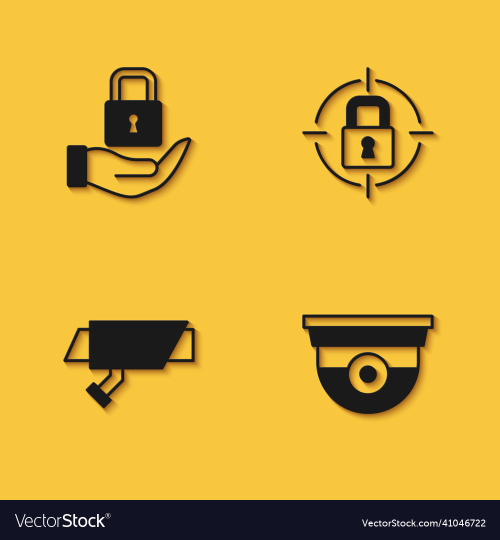 Set lock security camera and icon with long vector image Set lock security camera and icon with long