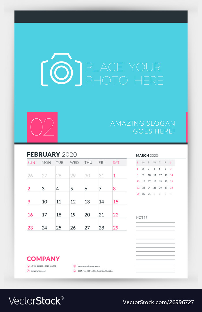 Wall calendar planner template for february 2020 vector image Wall calendar planner template for february 2020