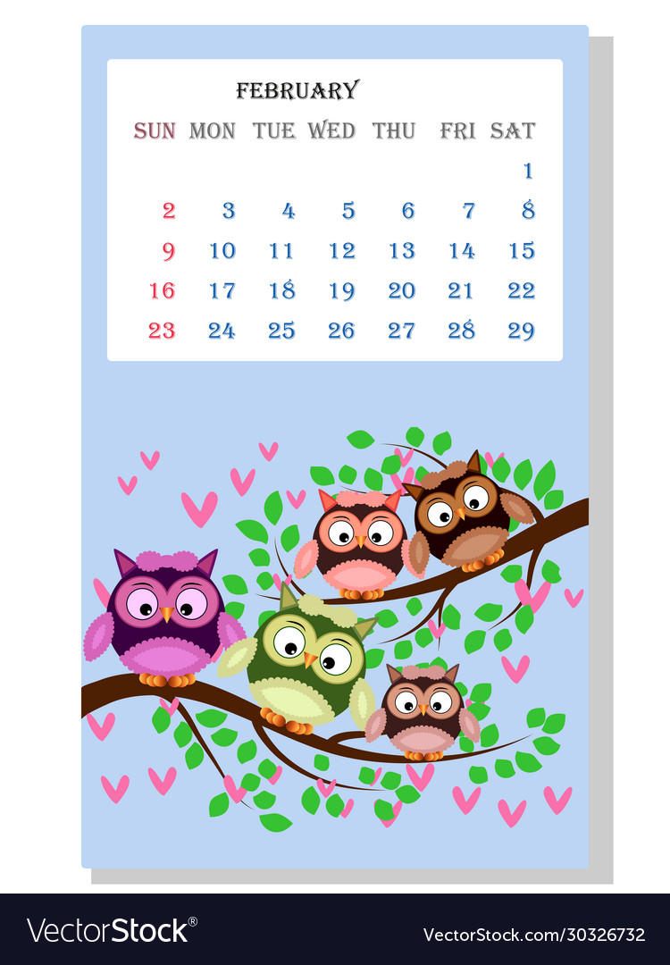 Calendar 2021 cute owls and birds for every month