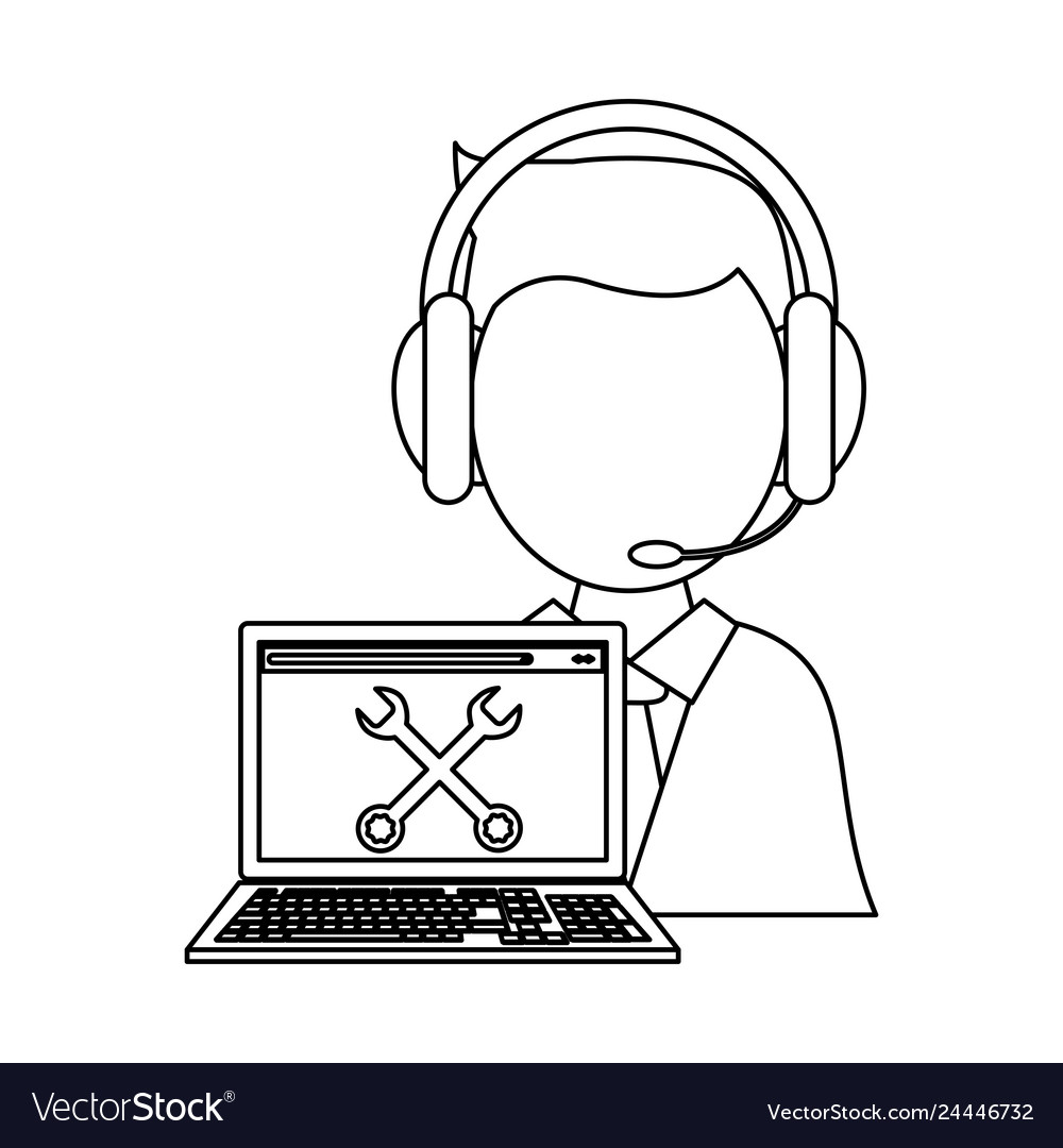 Call center operator with laptop technical support