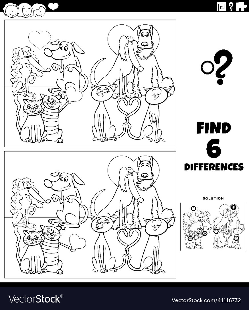 Differences game with pets in love coloring book Vector Image