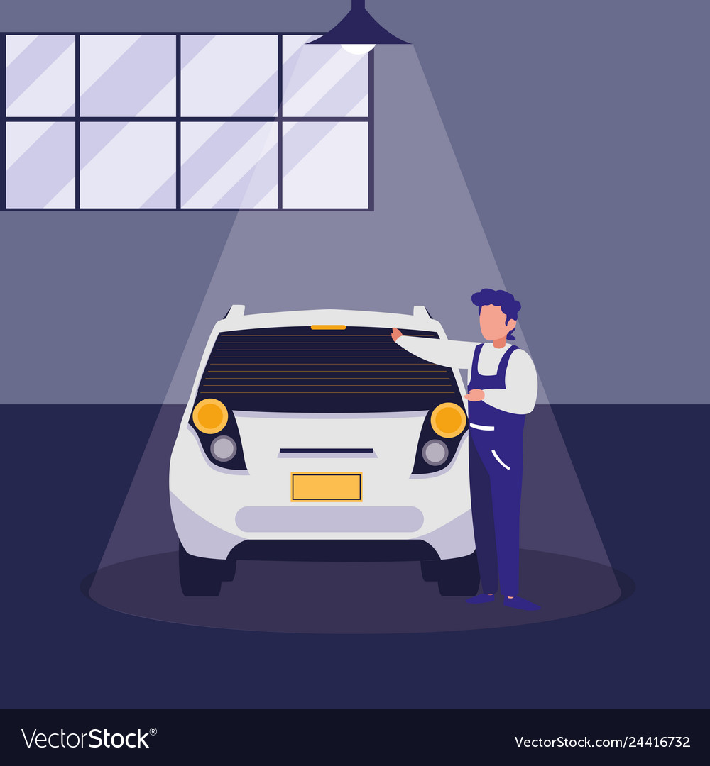 Mechanic worker with car in the workshop Vector Image Mechanic worker with car in the workshop