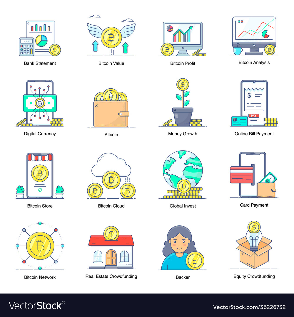 Pack Bitcoin Flat Icons Royalty Free Vector Image