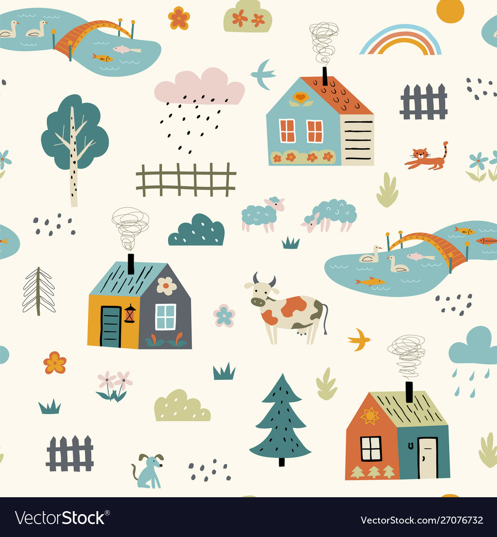 Seamless childish pattern with cute village vector image Seamless childish pattern with cute village