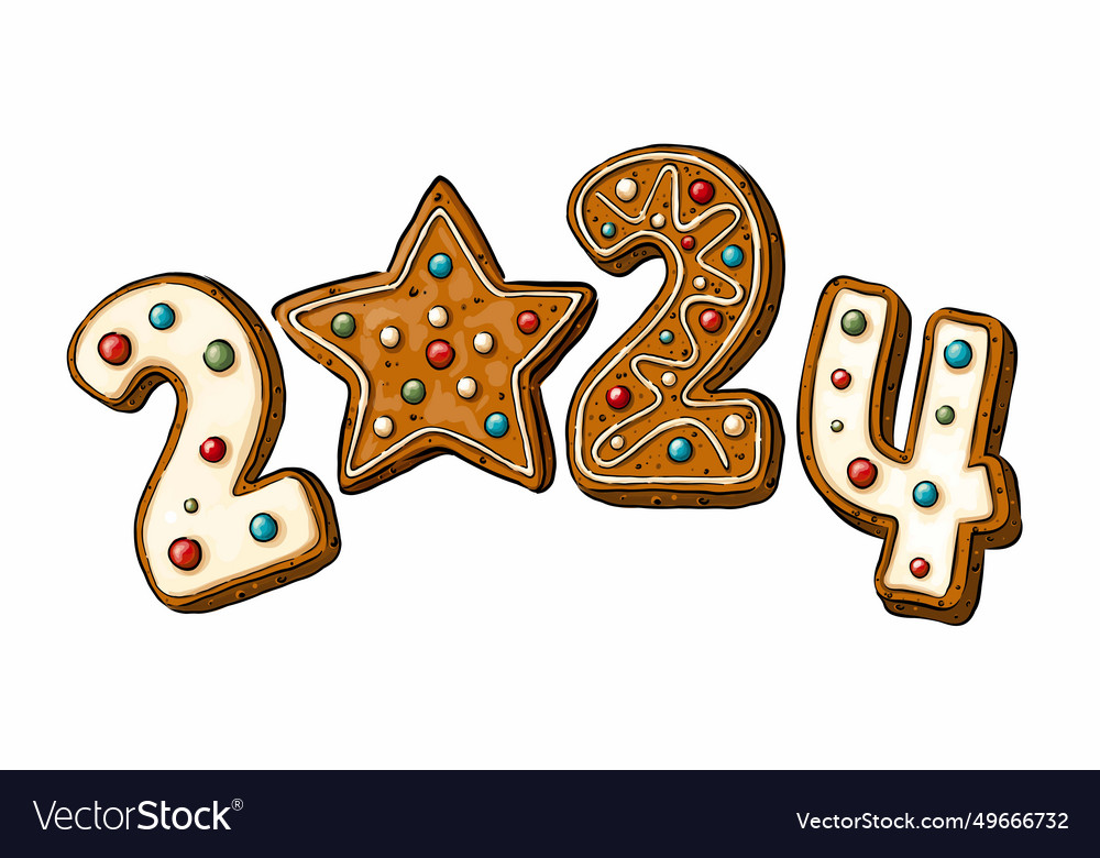 Text 2024 in gingerbread style with multi-colored vector image Text 2024 in gingerbread style with multi-colored
