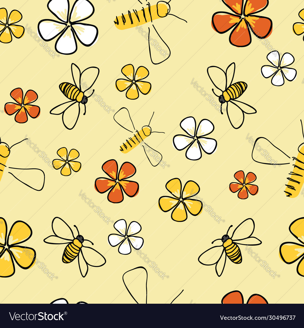 Bees and flowers seamless pattern white Royalty Free Vector