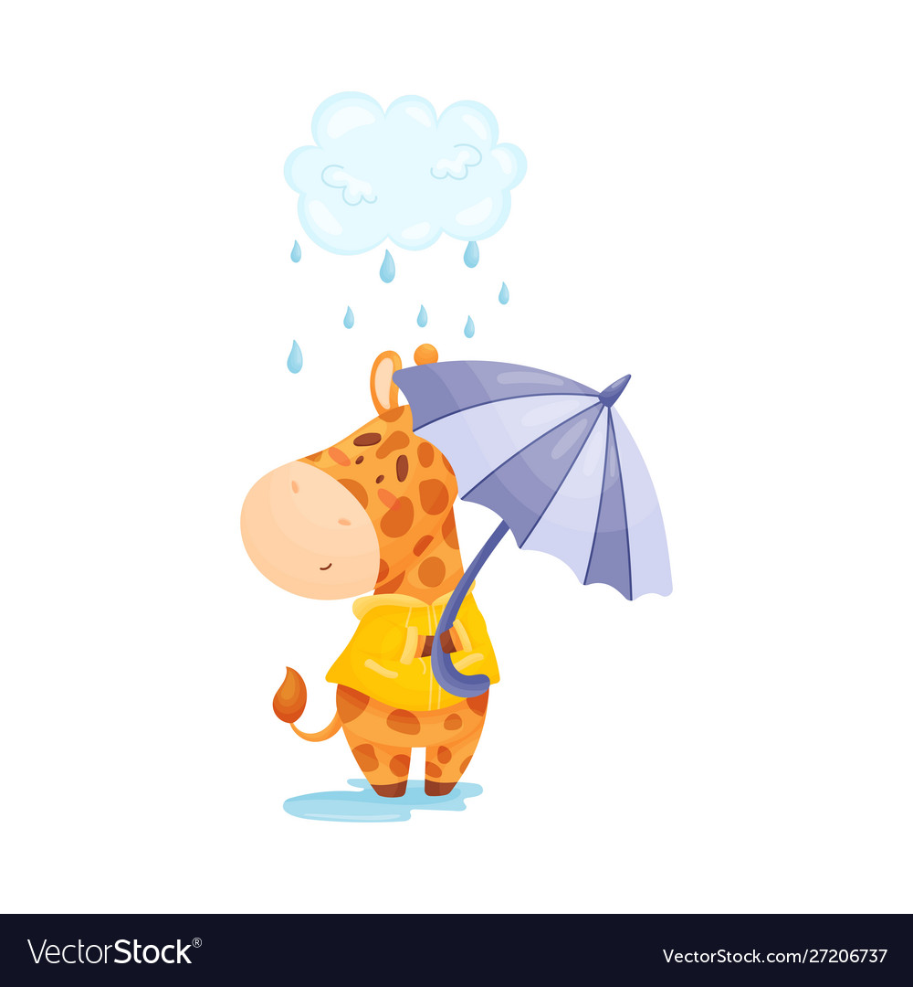 Cartoon giraffe stands in rain