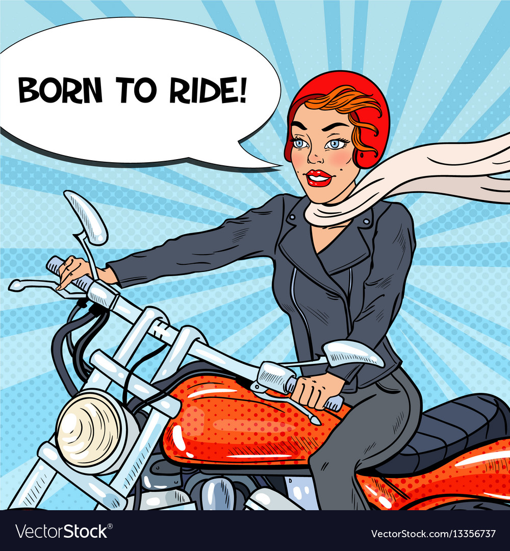 Pop art biker woman in helmet riding a motorcycle Vector Image