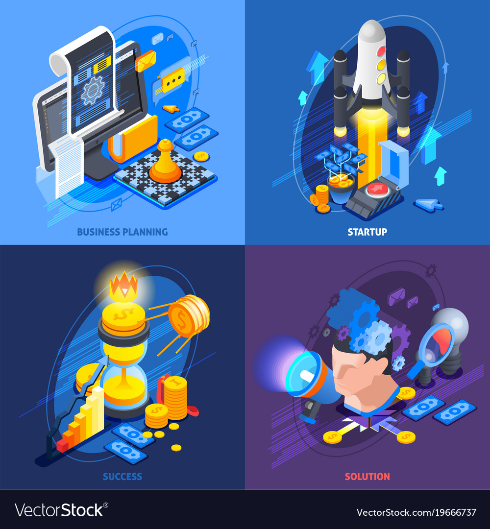 Startup entrepreneurship isometric icons concept