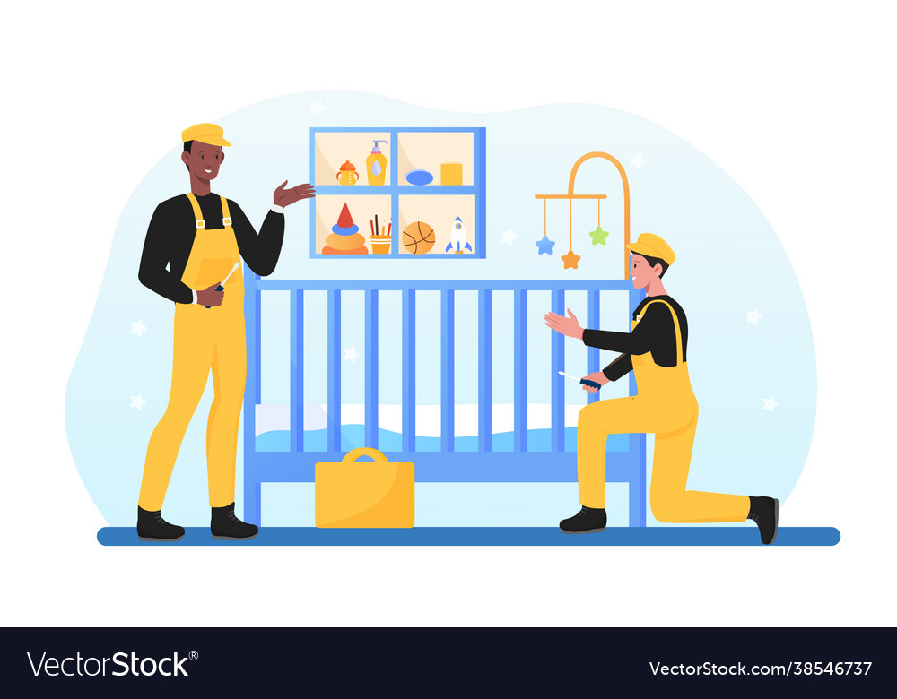 Junge lächelnde Handymen installieren Kinderbett vector image Junge lächelnde Handymen installieren Kinderbett
