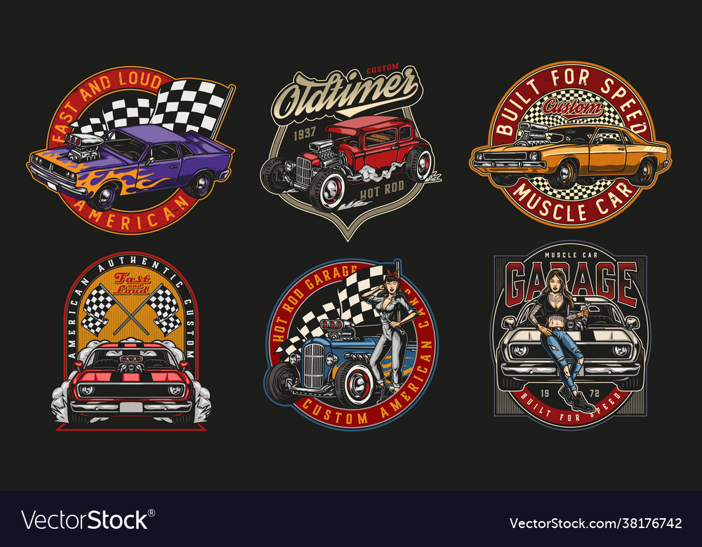 Custom cars colorful labels Royalty Free Vector Image