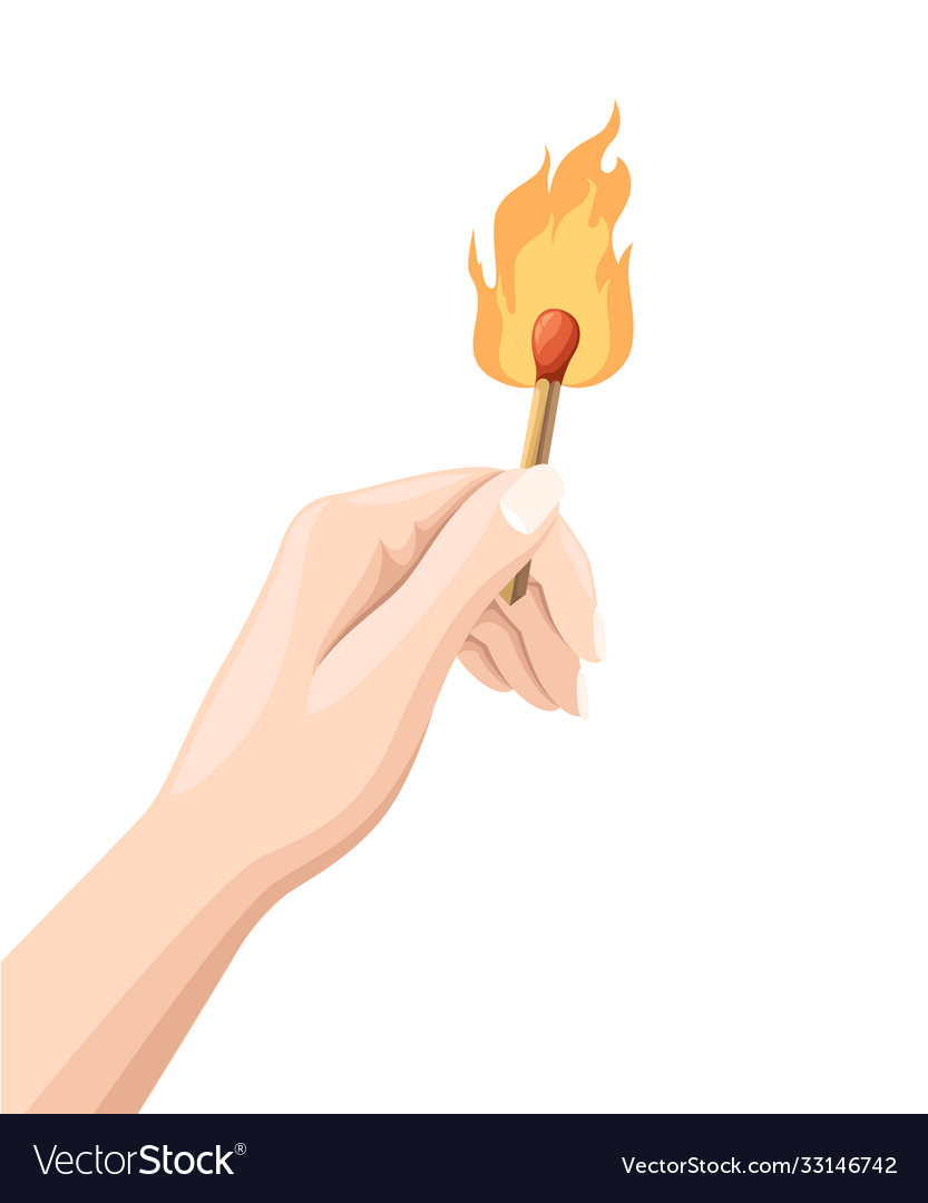 Hand holds a burning match stick match with fire Vector Image