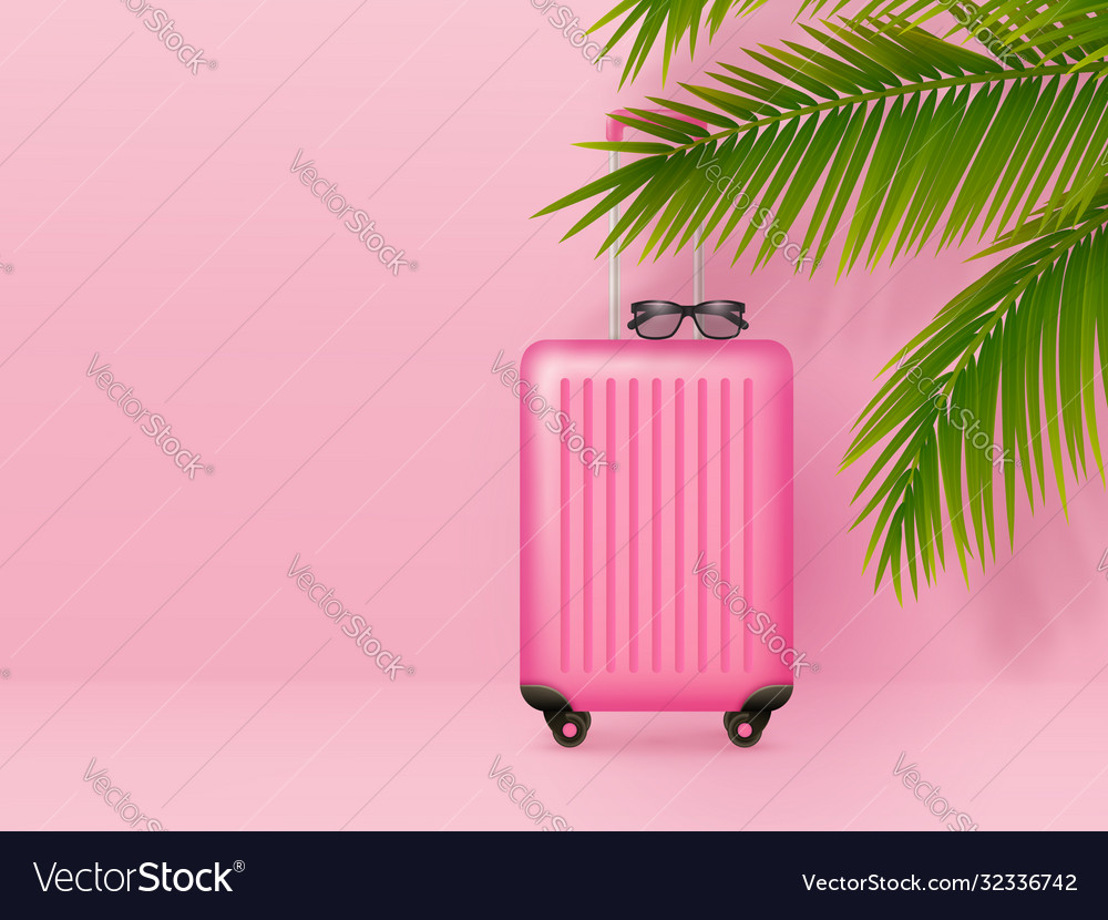 Suitcase with sunglasses and palm leaves