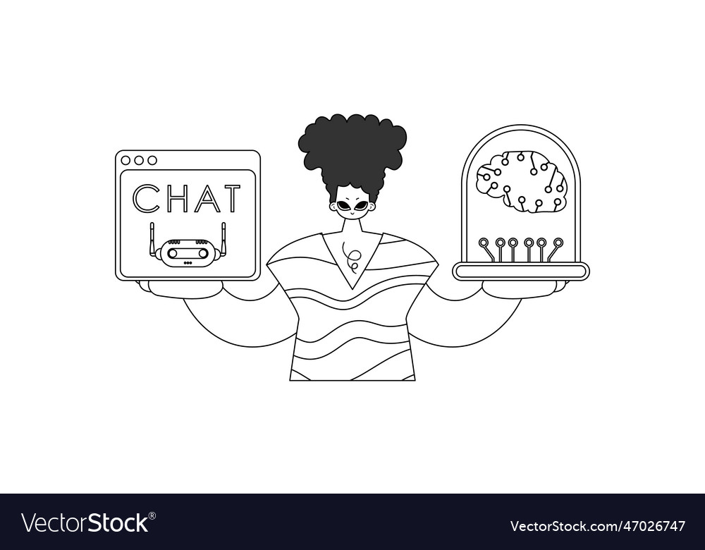 Guy is grasping an ai model in linear form vector image Guy is grasping an ai model in linear form