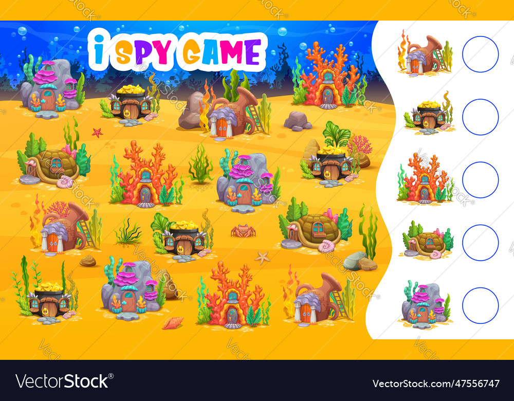 I spy game worksheet with underwater fairy houses Vector Image