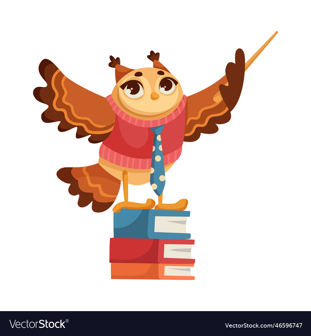 Owl student on pile of books with pointer studying vector image Owl student on pile of books with pointer studying