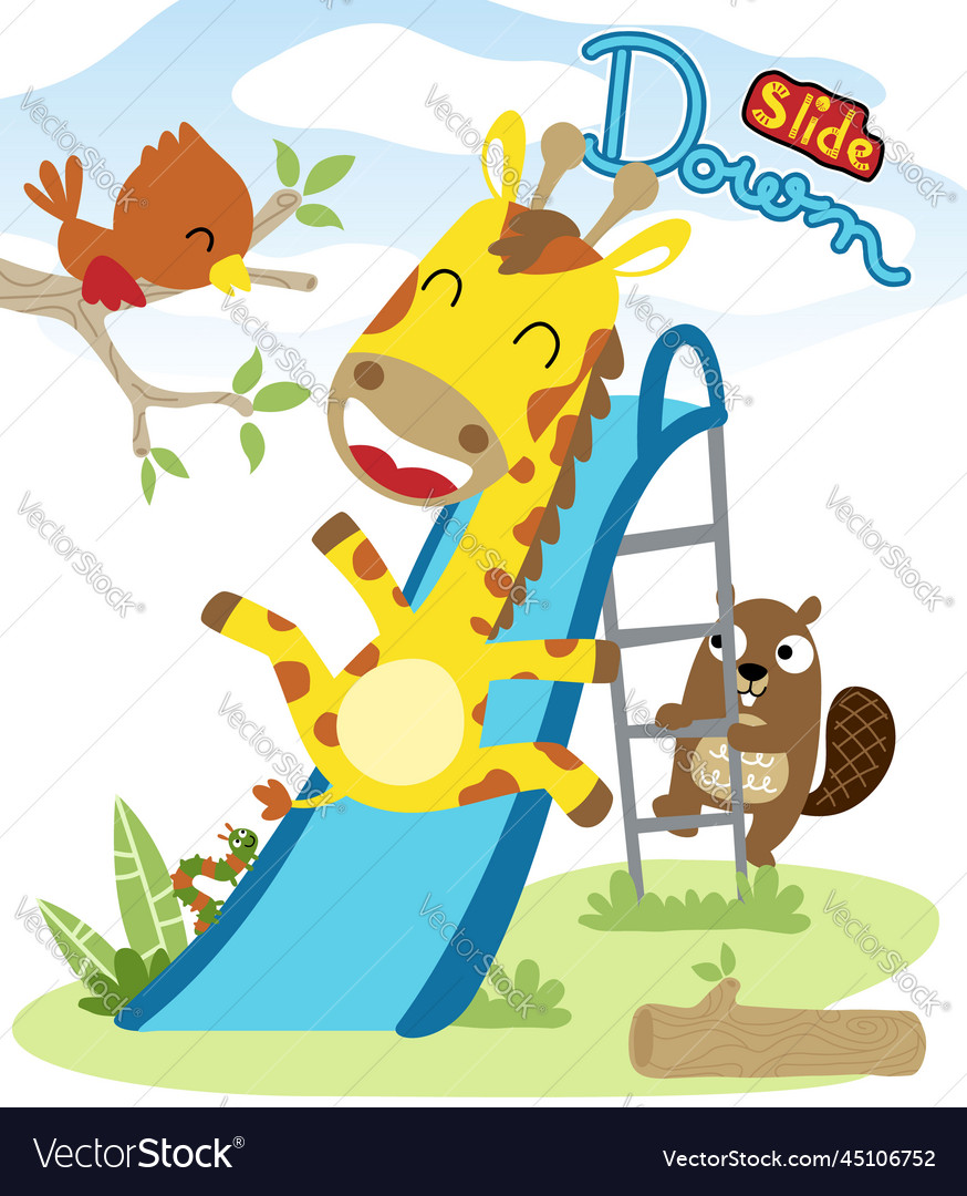 Happy animals cartoon playing slide down Vector Image