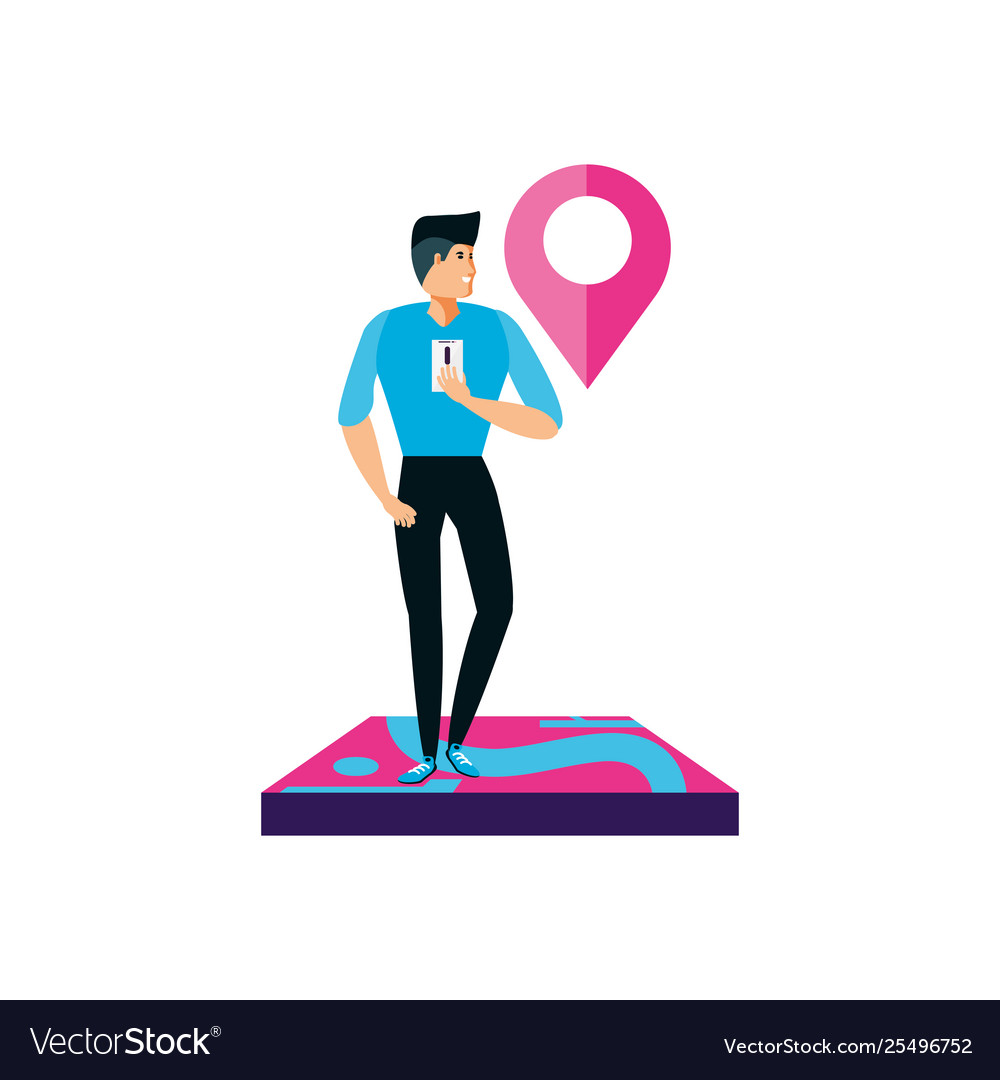 Mann mit Smartphone mit Pinpointer Standort vector image Mann mit Smartphone mit Pinpointer Standort