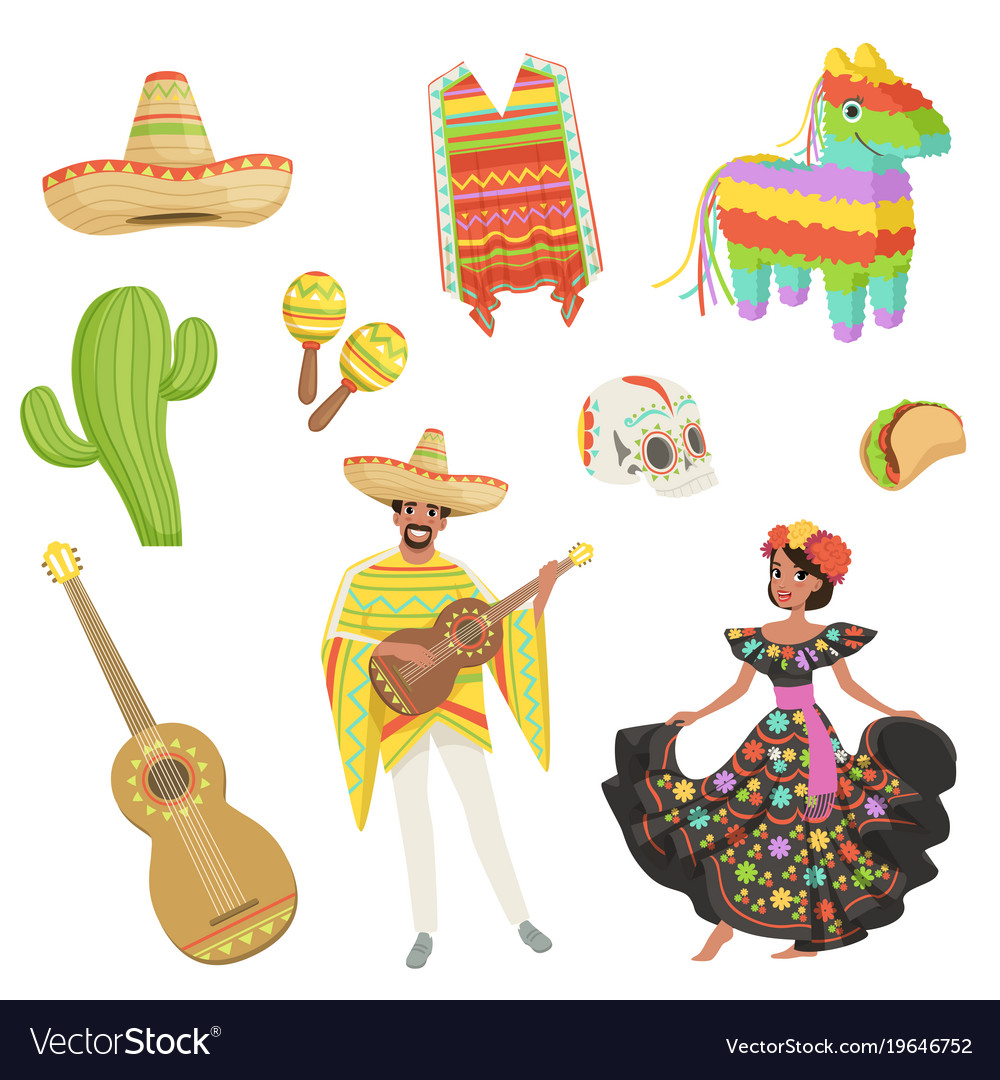 Set of cultural symbols mexico sombrero cactus