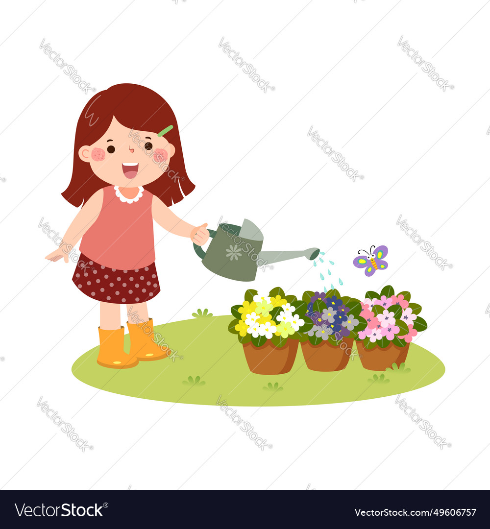 Cartoon little girl watering flowers in pots Vector Image