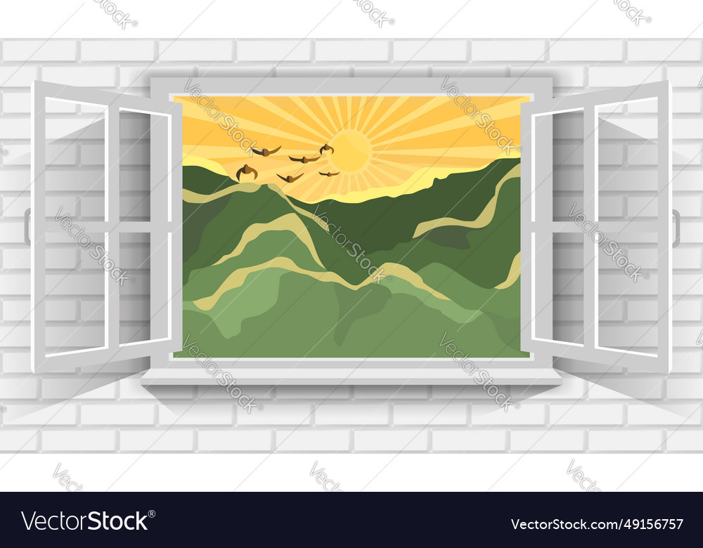 Mountain in morning through view of open window vector image Mountain in morning through view of open window