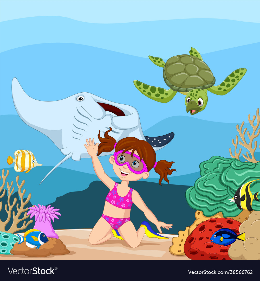 Cartoon little girl diving in underwater tropical