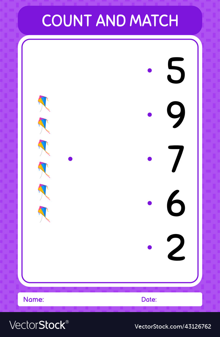 Count and match game with kite worksheet