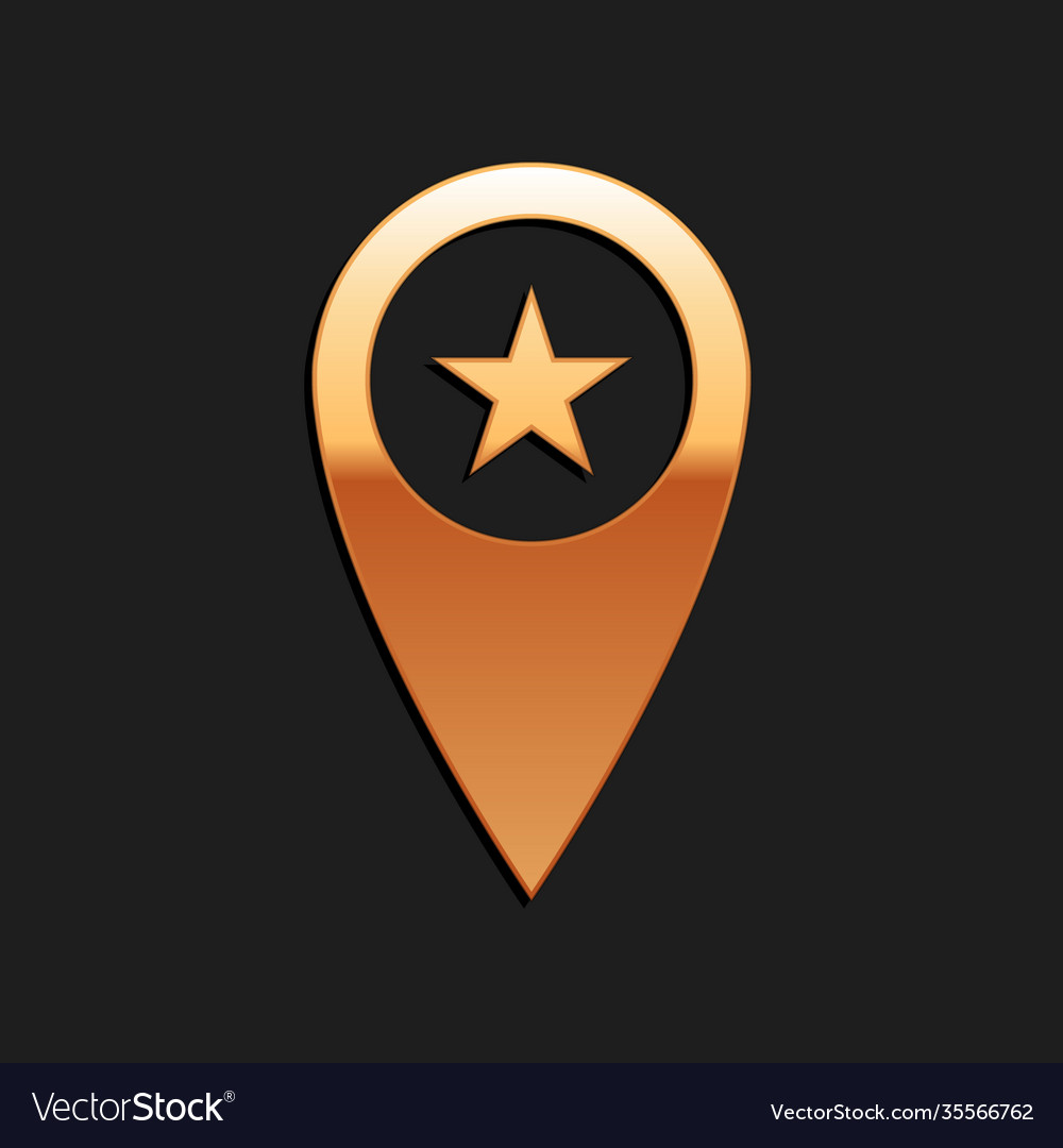 Gold map pointer with star icon isolated on black vector image Gold map pointer with star icon isolated on black