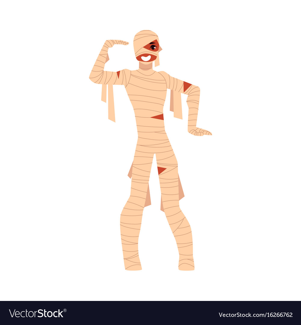 Young man wrapped in bandages spooky mummy