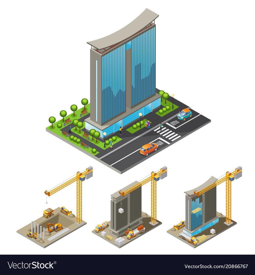 Isometric Building Construction Process Concept Vector Image