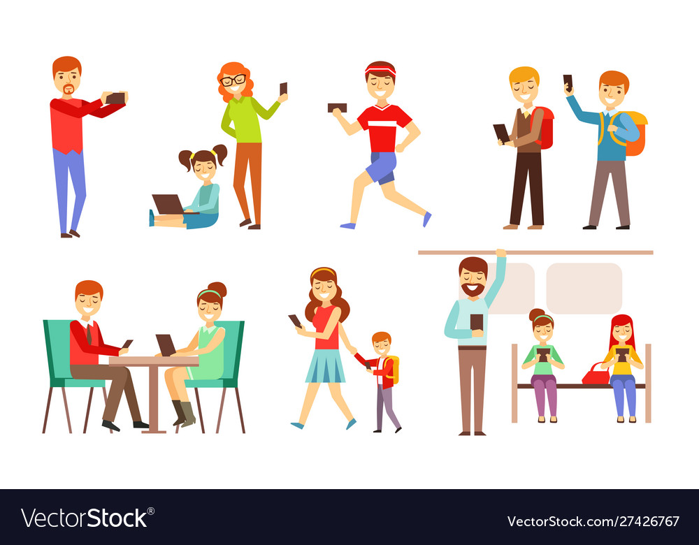 Menschen die in Gadgets-Bildschirm-Set Lächeln Männer vector image Menschen die in Gadgets-Bildschirm-Set Lächeln Männer