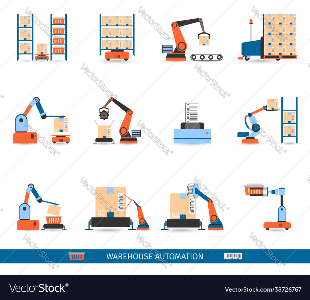 Warehouse robots icons set vector image Warehouse robots icons set