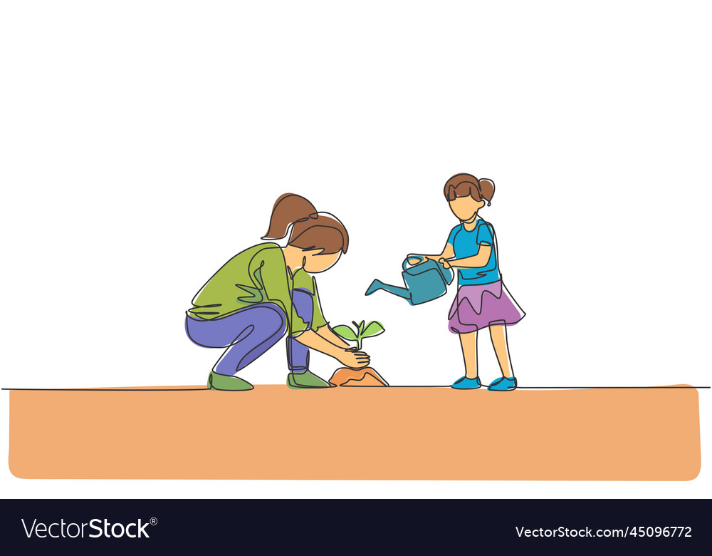 One single line drawing of young mom teach her