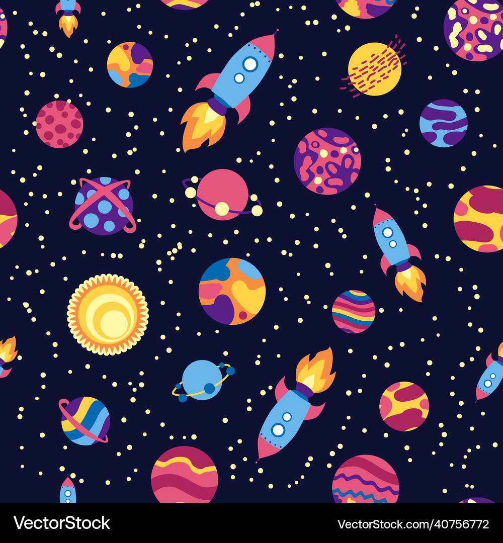 Seamless space pattern planets rockets and stars Vector Image