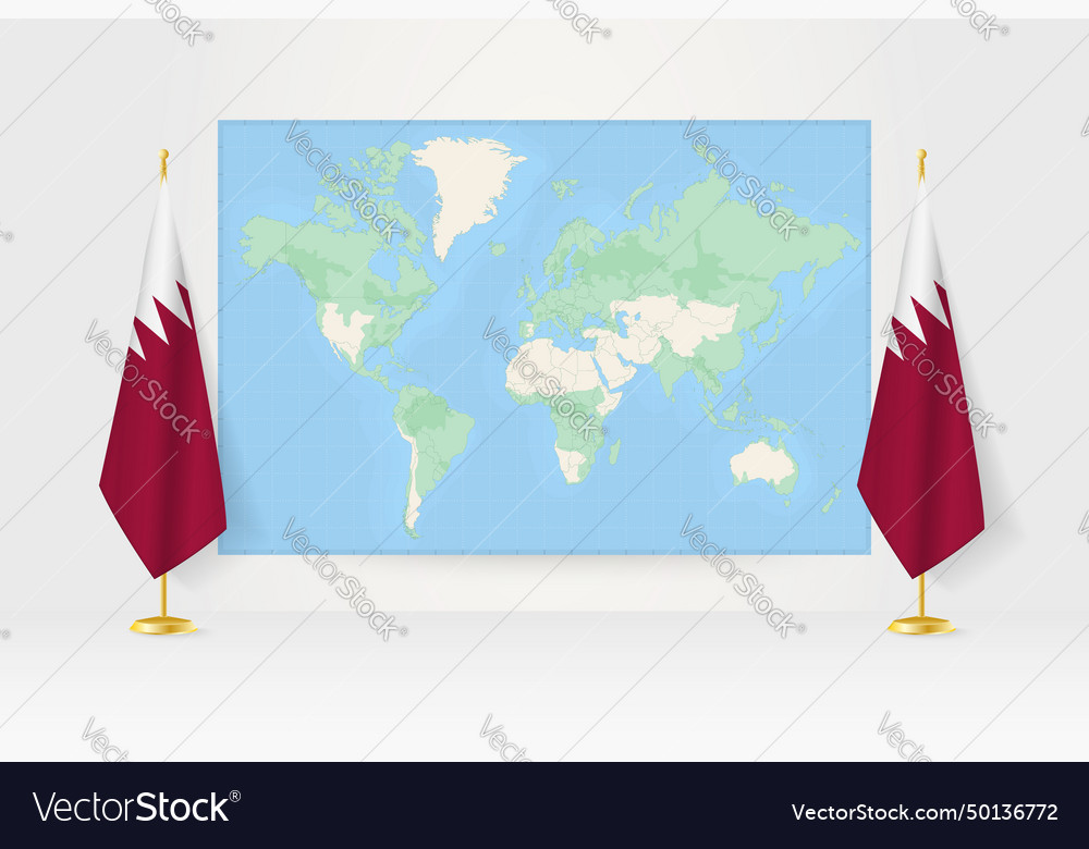 World map between two hanging flags of qatar flag