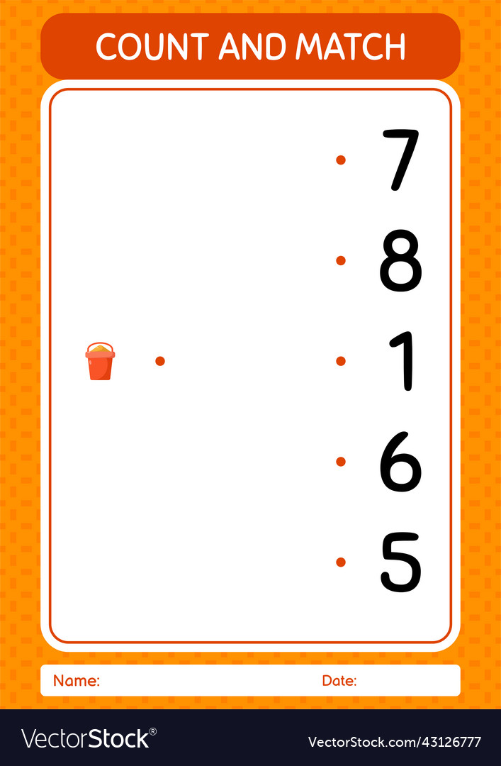 Count and match game with sand bucket worksheet vector image Count and match game with sand bucket worksheet