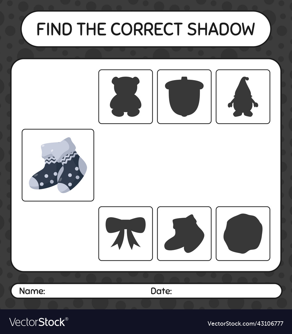 Find the correct shadows game with sock worksheet vector image Find the correct shadows game with sock worksheet