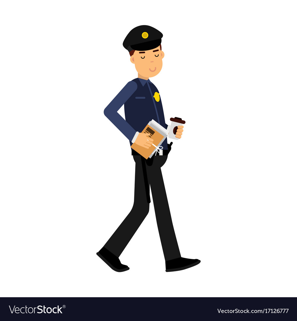 Police officer character walking with coffee