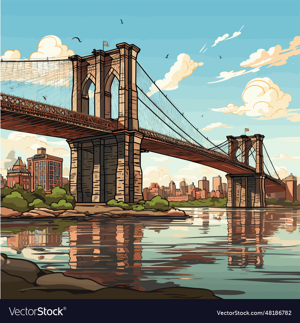 Brooklyn bridge bridge hand-drawn comic Royalty Free Vector