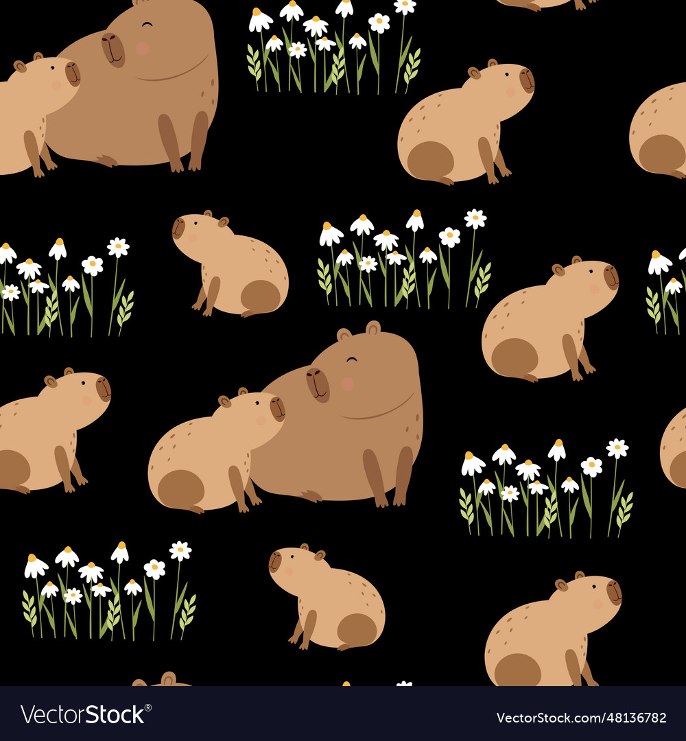 Capybara with her cub and white flowers and Vector Image