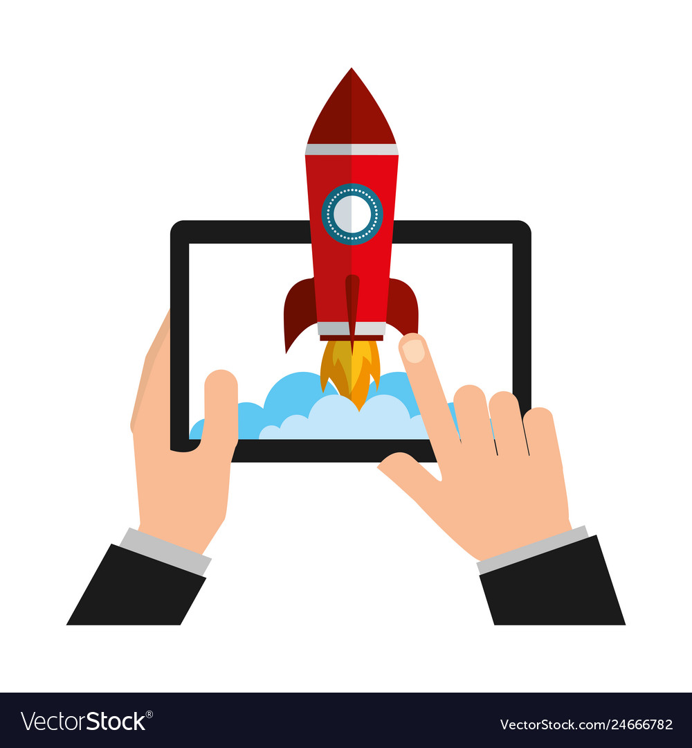 Hands with tablet device and startup rocket