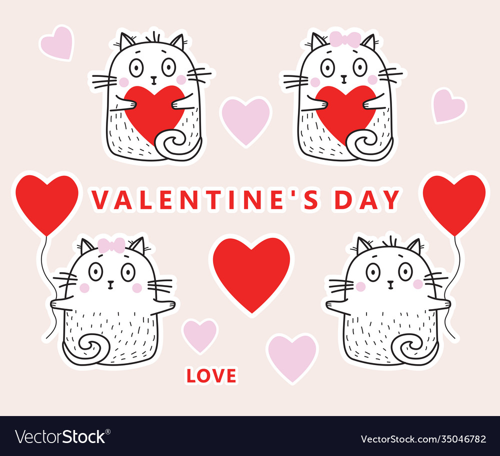 Set stickers in love cats with hearts Royalty Free Vector