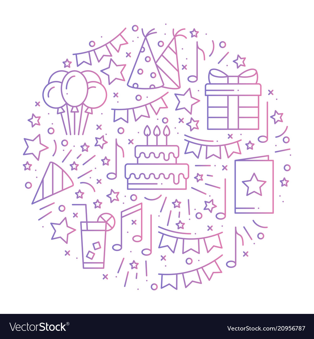 Circle with birthday symbols in line style basic vector image Circle with birthday symbols in line style basic