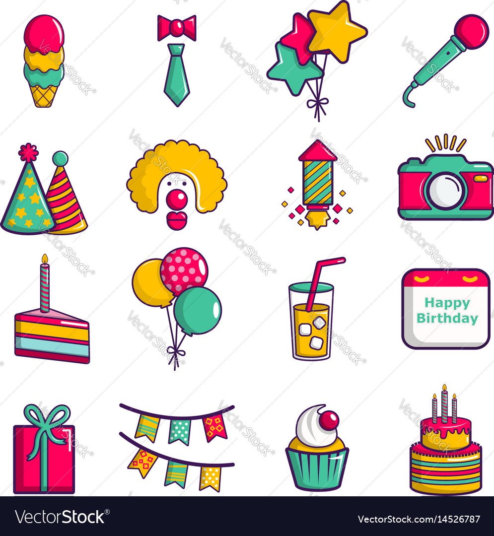  Happy  birthday  icons  set cartoon style Royalty Free Vector