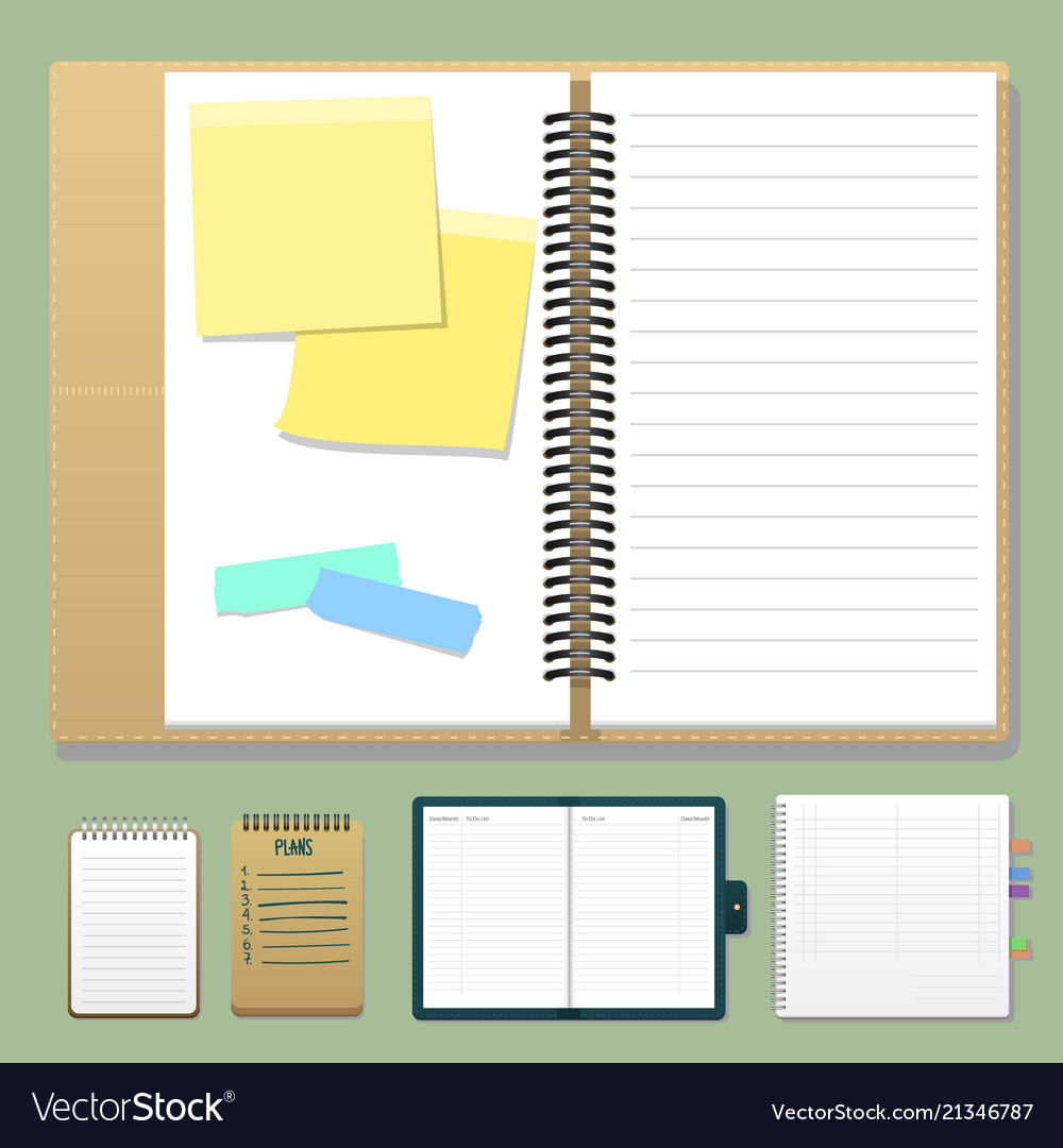 Set of open realistic notebooks with pages diary vector image Set of open realistic notebooks with pages diary