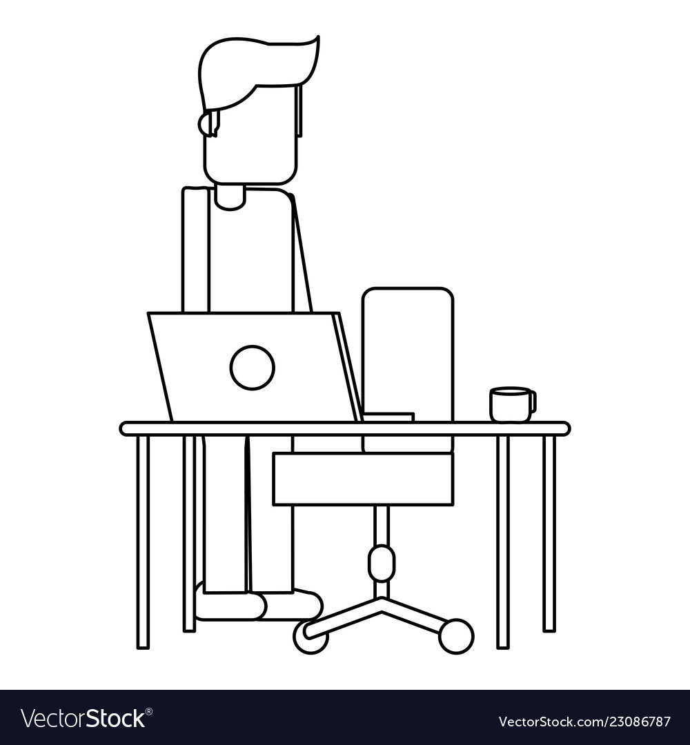 Working with computer avatar black and white Vector Image Working with computer avatar black and white