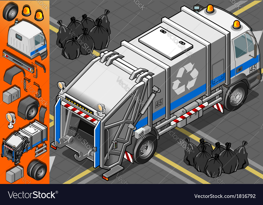 Isometric white garbage truck in rear view