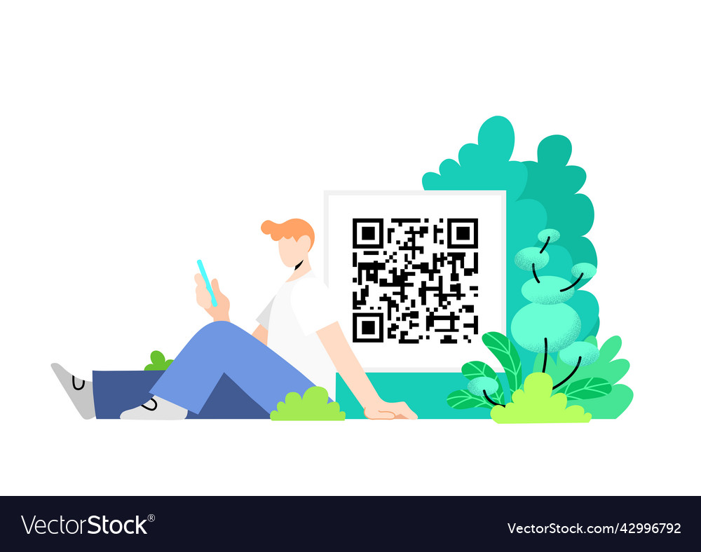 Man holding smartphone with qr code background vector image Man holding smartphone with qr code background